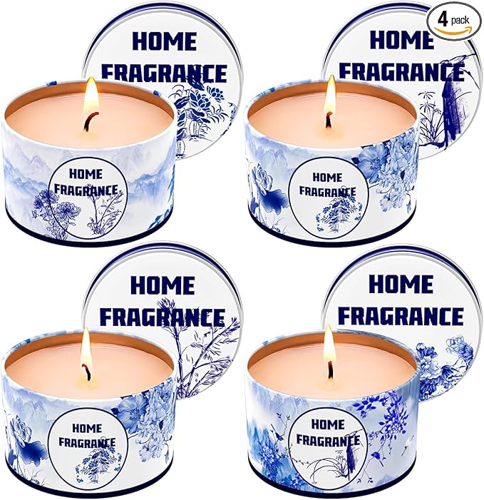 Christmas Scented Candles Gift Set for Home Women, Natural Soy Wax Lavender, Vanilla&Jasmine, Lilac and Gardenia Aromatherapy Stress Relief Candles in Metal Tins for Anxiety Relaxation, 4 Packs