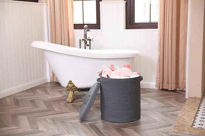 16" x 16" x 18" Extra Large Storage Basket with Lid, Cotton Rope Storage Baskets, Laundry Hamper, Cloth Bin, for Clothes Towels Blankets Pillows Storage in Living Room, All Dark Grey