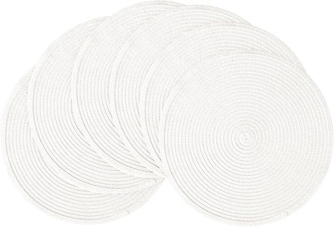 Floroom 15 Inch Round Braided Placemats Set of 6, Washable Heat Resistant Cotton Polyester Circle Place Mats for Kitchen Dining Table - White