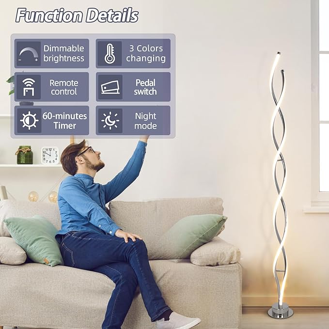 ADISUN 31W Modern Floor Lamp, LED Spiral Floor Lamp for Living Room, 3-Color Dimmable Standing Lamp with Remote Control, 58" Tall Floor Lamps for Living Room Bedroom Office Dining Rooms (Silver)