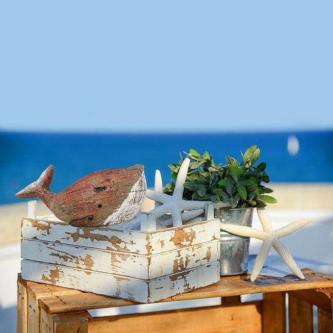 Linfevisi Wooden Whale Decor Tabletop Nautical Decor Solid Wood Whales Statue Sculpture Standing Coastal Decor Beach Figurines for Home Sea Decor for Bathroom Ocean Theme House Decor 3.35 Inches Tall