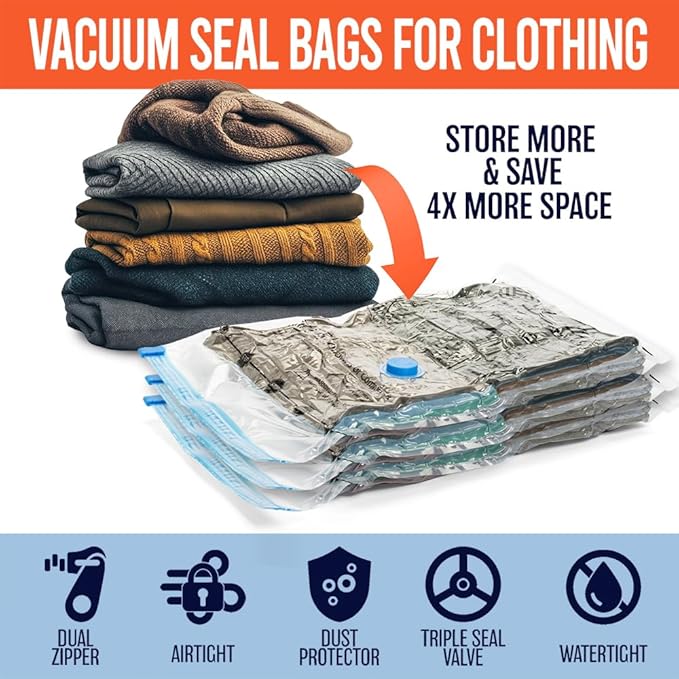 Vacuum Seal Bags for Clothing Travel, 10 Jumbo - Space Saver Vacuum Storage Bags, Blanket & Clothes Storage Bags Vacuum Sealed – Hand Pump Included, Bolsas Para Guardar Ropa Al Vacío