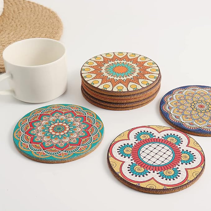 Coasters Set of 8,Cork Coasters for Drinks,Colorful Drink Coaster with Holder,Cute Coaster for Coffee Table,Boho Decor for Apartment Home Bar,Boho Gifts for Women
