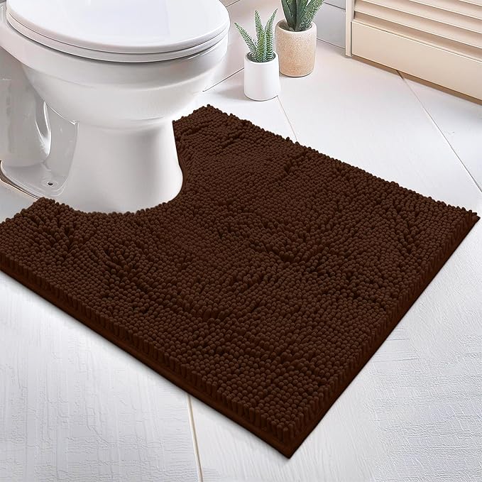 Bathroom Rugs Sets 2 Piece, Luxury Chenille Bath Mat Set, Soft Plush Anti-Slip Bath Rug + U-Shaped Toilet Mat. Microfiber Shaggy Carpet, Super Absorbent (24” x 36” & 20” x 24” U, Brown)