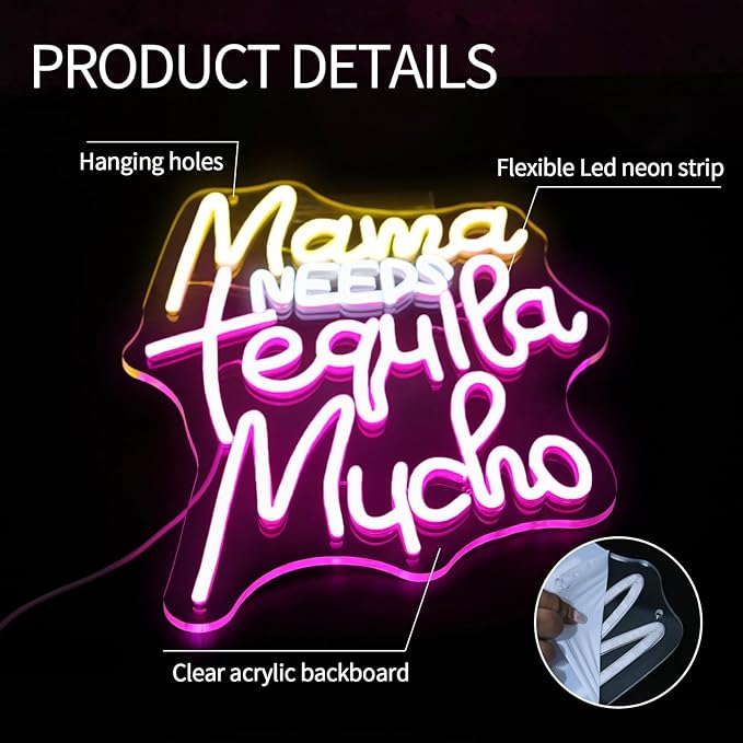 Mama Needs Tequila Mucho Neon Sign for Wall Decor Dimmable Led Lights Signs Letters LED Neon Signs for Pub Yellow Neon Light Pink Room Decor for Club Bistro Home Bar Party Decoration Gift