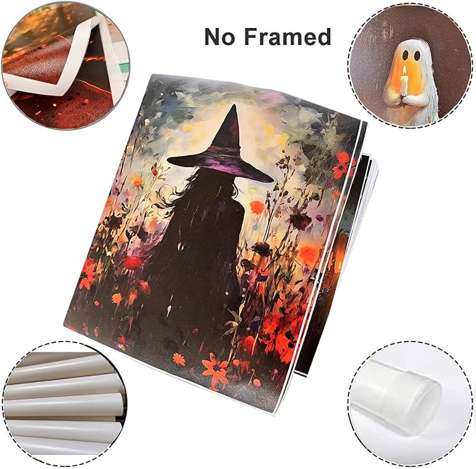 ILLBDR Cute Ghost Canvas Wall Art Halloween Decor Vintage Painting, Spooky Silhouette Ghost Holding Candle Haunted House Art, Bedroom Gothic Decor Ready to Hang, 16x24 Inch Unframed