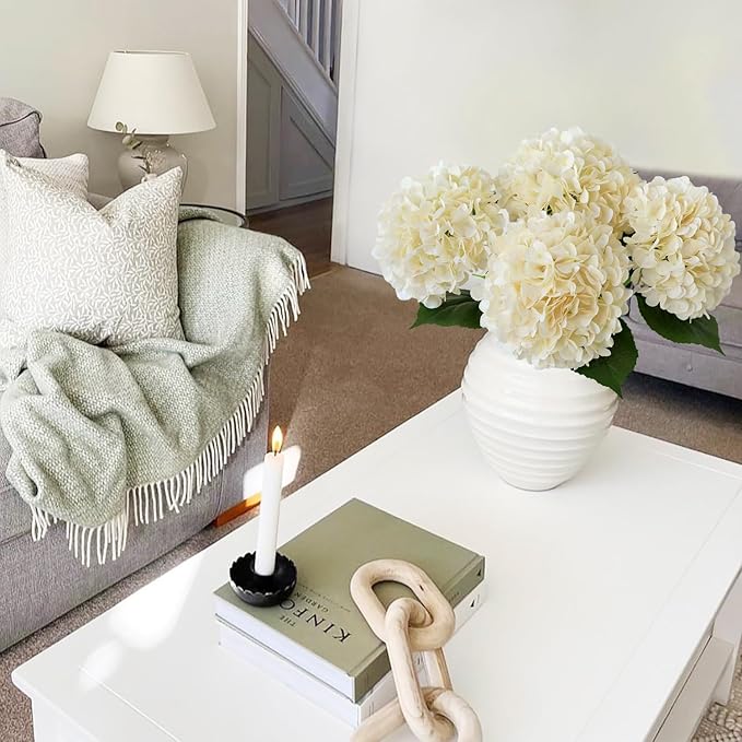 Boho Silk Hydrangea Artificial Flowers, 4Pcs 22" Large Lifelike Flowers,Artificial Hydrangeas for Indoor Bouquet Table Centerpieces Home(Cream/Yellow)