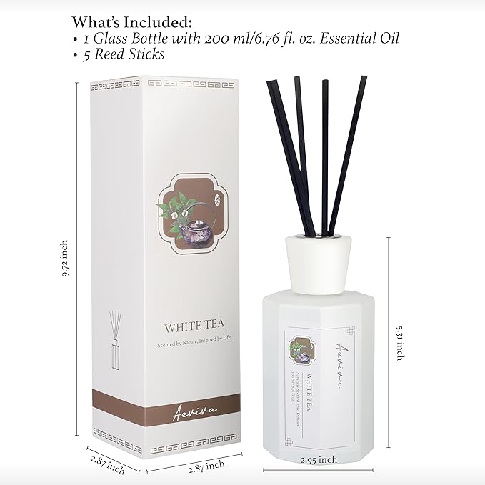 Reed Diffuser Set, 6.76 fl oz White Tea Scented Oil Diffuser, Home Fragrance with Reed Sticks for Bedroom, Office, Bathroom Shelf Decor & Gifts