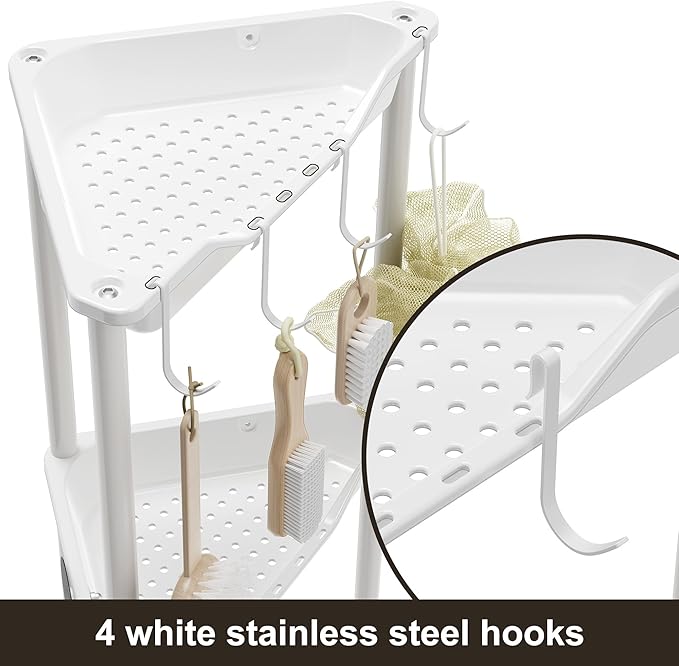 Orimade Rustproof 3 Tier Floor Standing Corner Shower Caddy Organizer, Plastic Metal Splicing Floor Corner Shelf Rack Stands for Bathroom, White