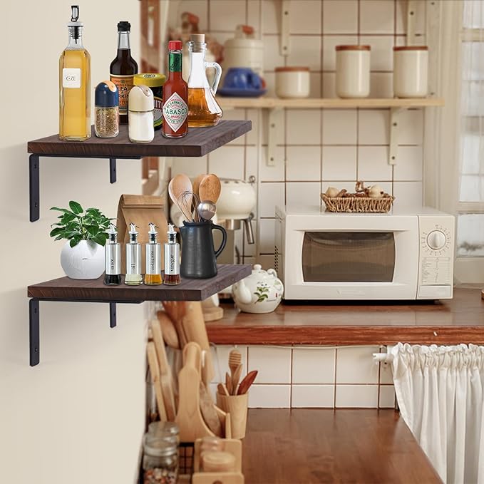 Floating Shelves, 12" Deep, Large Capacity Wood Wall Mounted Rustic Farmhouse Shelves for Home Decor(Living Room Kitchen Bathroom Bedroom),Storage and Display Shelf 2 Set (Dark Brown)