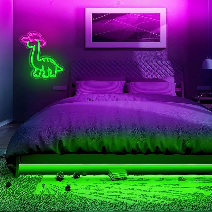 Cowgirl Dinosaur Neon Sign for Wall Decor,Dimmable Cute Dinosaur with Cowboy Hat Neon Light,Green Animal Light Up Signs for Kids Bedroom Dinosuar Theme Party Background Decoration