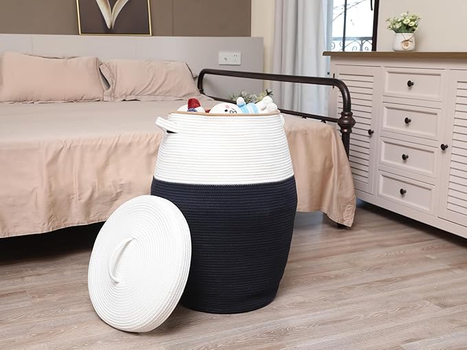 26" x 20" Tall Extra Large Storage Basket with Lid, Cotton Rope Storage Baskets, Woven Laundry Hamper with Cover, for Clothes Blanket in Living Room, Dark Blue/Beige Line