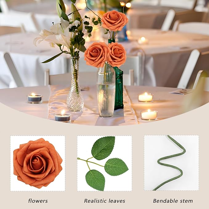 200PCS Artificial Flowers Burnt Orange Roses Real Looking Foam Fake Roses with Leaves and for DIY Wedding Bouquets Bridal Shower Centerpieces Party Decorations (Burnt Orange, 200)