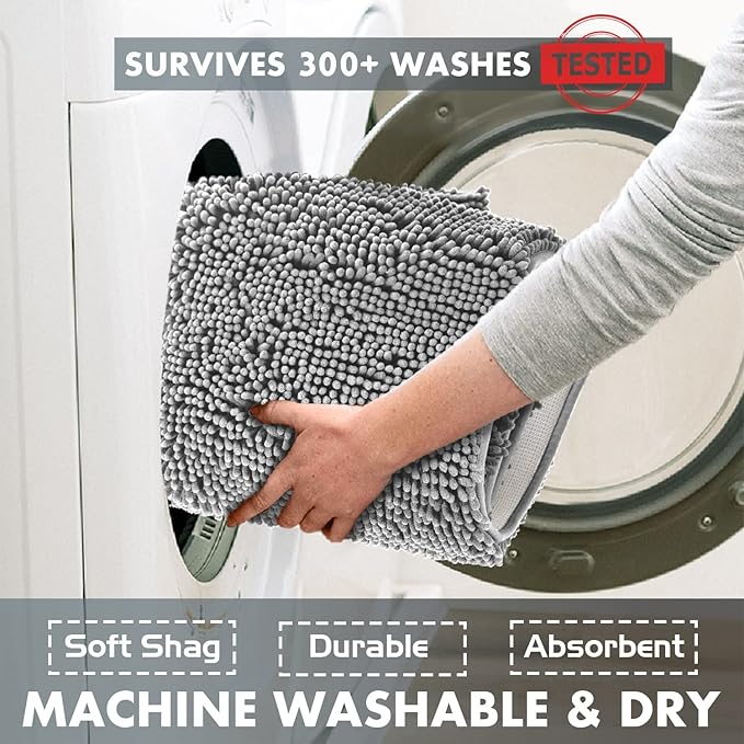 LuxUrux 2 Piece Bathroom Rug Set - Premium Plush Bath Mat Shower Rugs, 1" Chenille Microfiber, Non-Slip & Absorbent, Soft & Cozy, Durable Stylish (20x30 & 16x24 inches, Light Grey)