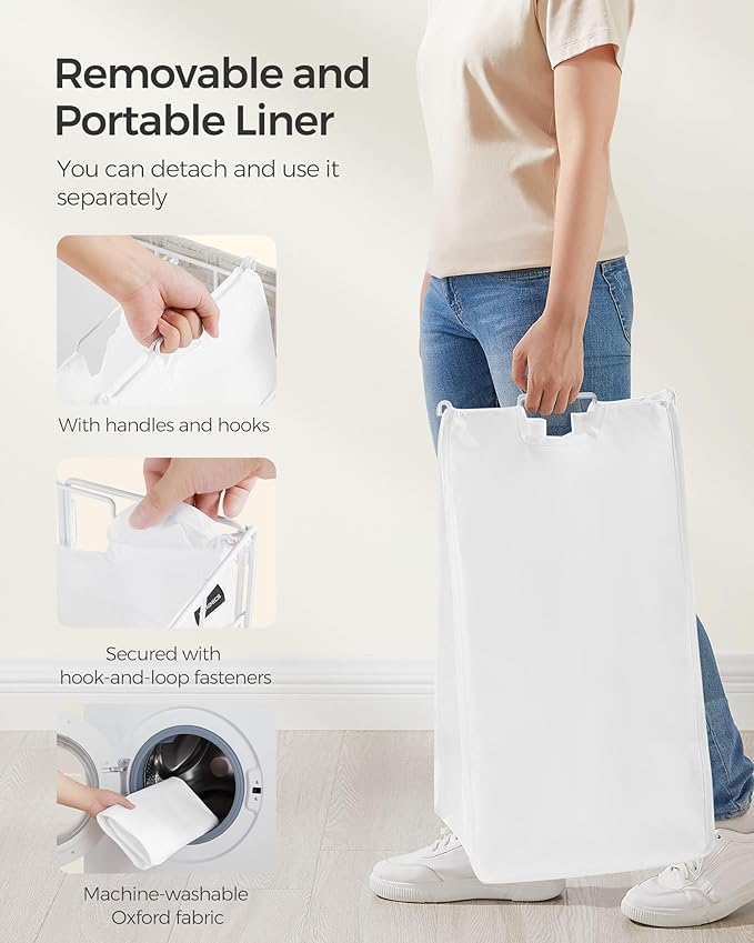 SONGMICS Laundry Hamper, 110L Laundry Basket with Lid, Clothes Hamper with Wheels, Collapsible Removable Liner Bag, Iron-Made Laundry Sorter, Cloud White ULCB211W01