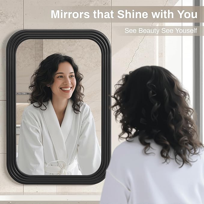 36x24 Inch Rectangle Wall Mirror with Wood Frame,Black Rounded Corners,Wall Mounted for Bathroom Vanity,Living Room,Bedroom,Entryway