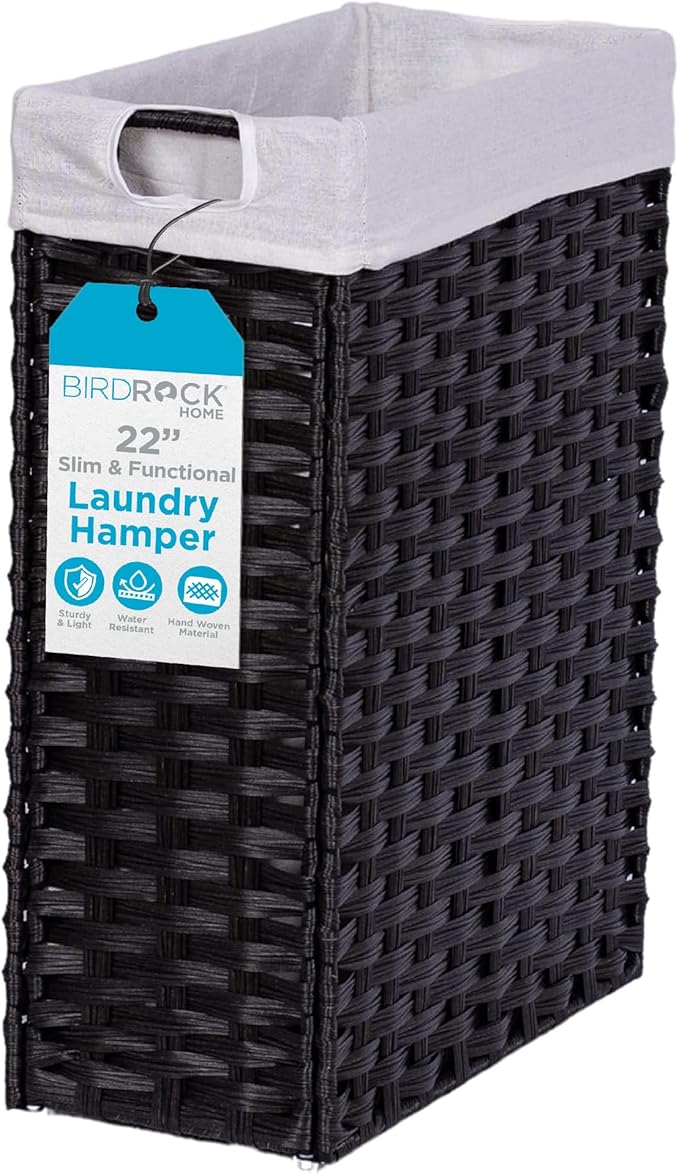 BIRDROCK HOME 22" Laundry Hamper with Removable Liner Bag - Handwoven PE Rattan Clothes Basket - Compact & Collapsible Laundry Storage for Bedroom & Bathroom - Perfect for Small Spaces - Slim, Brown