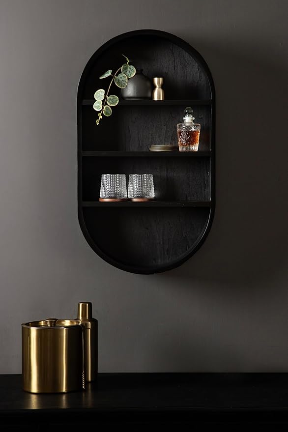 Kate and Laurel Hutton Modern Capsule Wall Shelf; 16 x 28; Black; Minimal Round Oval Wall Shelves for Above Toilet Bathroom Storage