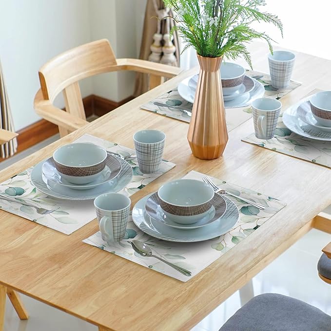 Sage Green Placemats Set of 4 Washable Non-Slip Heat Resistant 12×18 Inch Spring Watercolor Eucalyptus Leaves Thick Place Mats Decorative Linen Fabric Table Mat for Dining Table Kitchen Home Decor