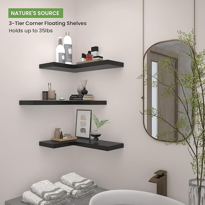 NATURE'S SOURCE Corner Floating Shelves with Invisible Brackets, Corner Shelves Wall Mounted Set of 3, Bedroom Bathroom Kitchen Living Room Office- Gothic Style 17" x 6" (Black)