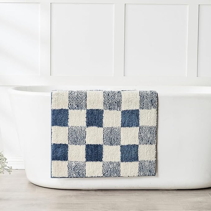 CozeCube Checkered Bath mats for Non Slip, Fluffy Absorbent Microfiber Bath mat Washable, Aesthetic Bathroom Rugs, Cute Bath mat for Shower Sink, Dark Blue, 24" x 16"