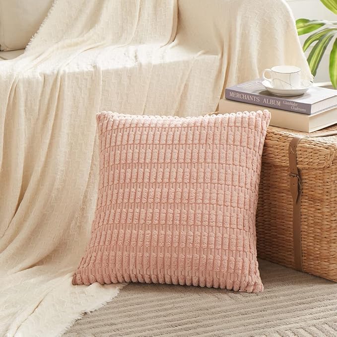 Fancy Homi 4 Packs Boho Pink Decorative Throw Pillow Covers 26x26 Inch for Living Room Couch Bed Sofa, Rustic Modern Farmhouse Home Decor, Soft Plush Corduroy Cute Square Cushion Case 66x66 cm