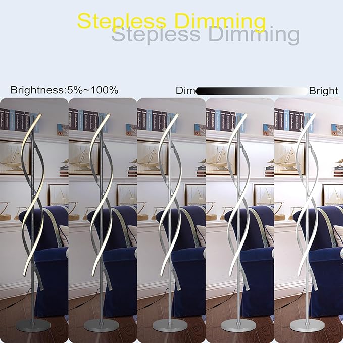 61" LED Floor Lamp for Living Room, 40W 3 Colors Stepless Dimmable and Color-Changing Bright Floor Standing Lamp,Unique Spiral Floor Tall Lamp for Bedroom Office with Remote (Silver)