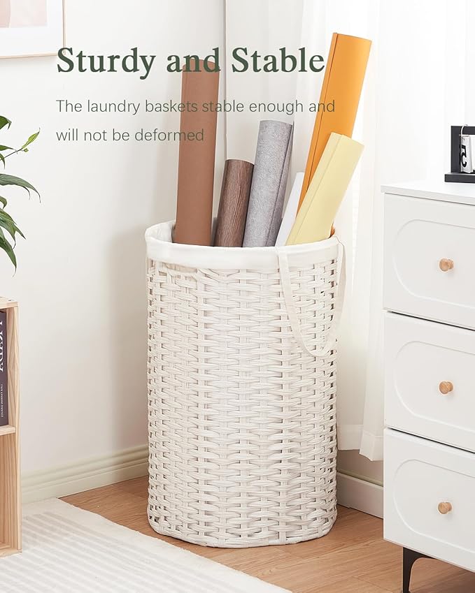 Large Laundry Hamper Laundry Basket Round 34.3 Gal (130 L) Handwoven Wicker Laundry Baskets Rattan Laundry Basket with Removable Bag Handles 2 Mesh Bags for Living Room Bedroom White