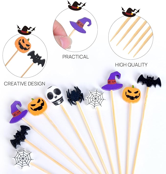 JtmyAota 100 Pack Halloween Toothpicks for Appetizers, 4.7 Inch Natural Bamboo Cocktail Picks for Cake Dessert Food Fruit Halloween Party Decorations