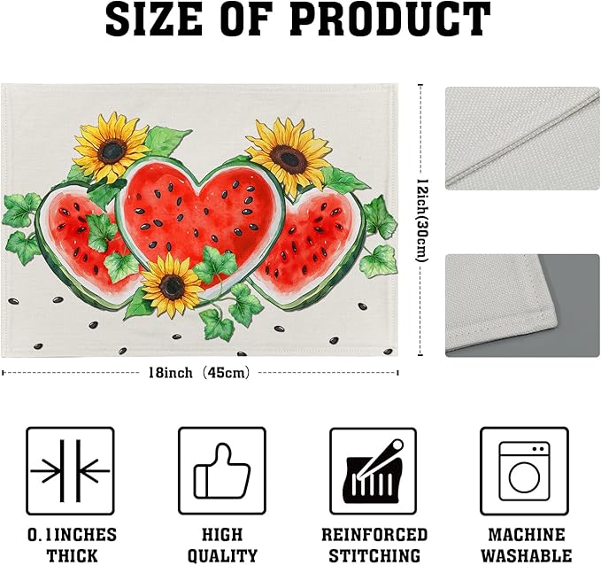 Summer Watermelon Placemat Set of 4,Sunflowers Table Mats Non Slip Heat-Resistant Washable Table Place Mats for Kitchen Dining Table Home Decoration 12 x 18 Inch