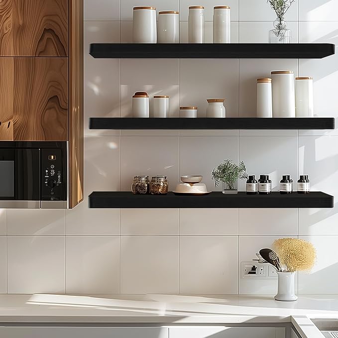 Floating Shelves for Wall, Wood Shelves with Invisible Brackets for Bathroom, Living Room, Bedroom and Kitchen, Long Wall Shelf for Books/Storage/Room Decor, 36 Inch, Set of 2, Black