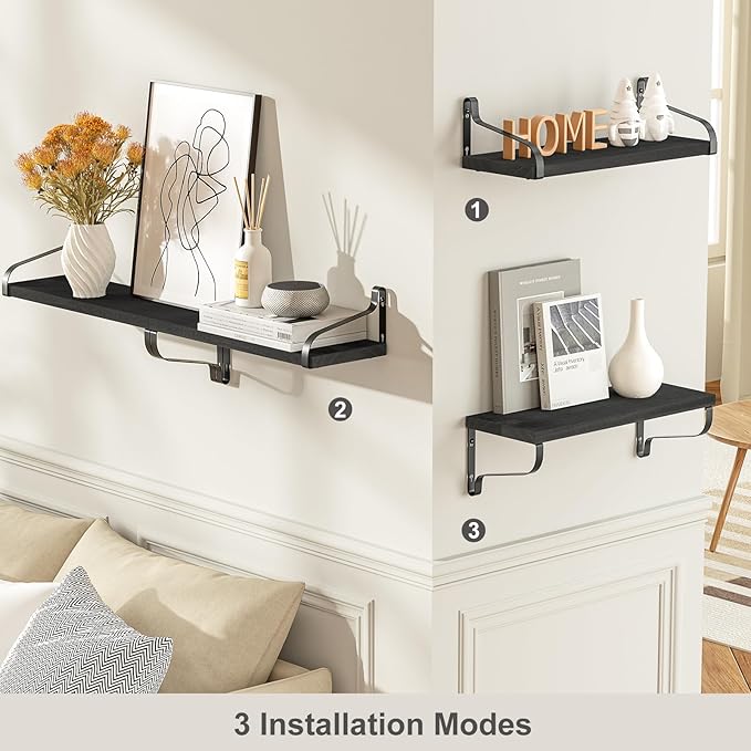 Love-KANKEI Black Floating Shelves for Wall Set of 4, 15.7 Inch Wood Wall Shelves with Bracket, Rustic Hanging Shelves for Bathroom, Bedroom, Kitchen,Living Room, Office Display