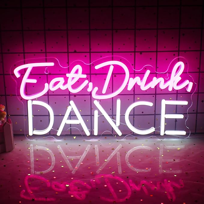 LUCUNSTAR Eat Drink Dance Neon Sign, Purple with White Neon Word Sign, LED Sign for Wall Decor, Dance Studio, Bar, Party, 16.5 X 10.2 Inches