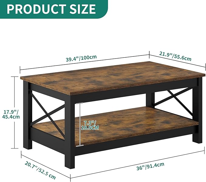 YITAHOME Coffee Tables for Living Room, Modern Farmhouse Coffee Table with Storage, 2-Tier Center Table for Living Room Wood Table Accent Cocktail with Sturdy Frame, Rustic Brown