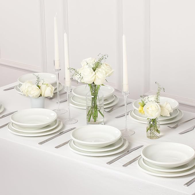 Earth & Clay Harmony 24-Piece Dinnerware Set Stoneware, Plates and Bowls Set, Includes Dinner and Salad Plates, Cereal Bowls, Dishwasher and Microwave Safe, Dishes for 8, White