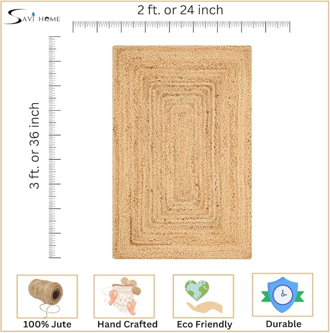 Savi Home Hand Woven Jute Braided Rug, 2'x3' - Natural, Reversible Boho Entry Area Rugs for Kitchen, Living Room, Farmhouse Indoor Outdoor Decorative Floor Rug, 24x36 Inches