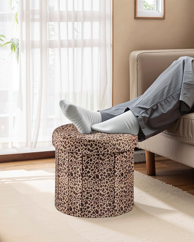 Storage Ottoman, Folding Foot Stool with Thicker Foam Padded Seat Small Velvet Storage Ottoman Foot Rest for Living Room Foldable Coffee Table 14x14x13in, Leopard Print