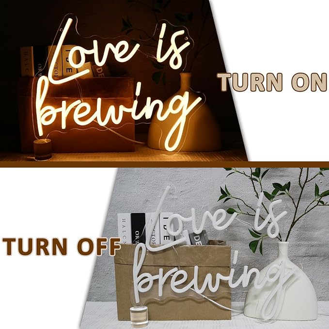 Love Is Brewing Neon Sign for Wall Decor, Warm White Led Signs for Bridal Shower, USB Dimmable Neon Lights for Bedroom Home Coffee Themed Bar Wedding Engagement Party Garland Decoration