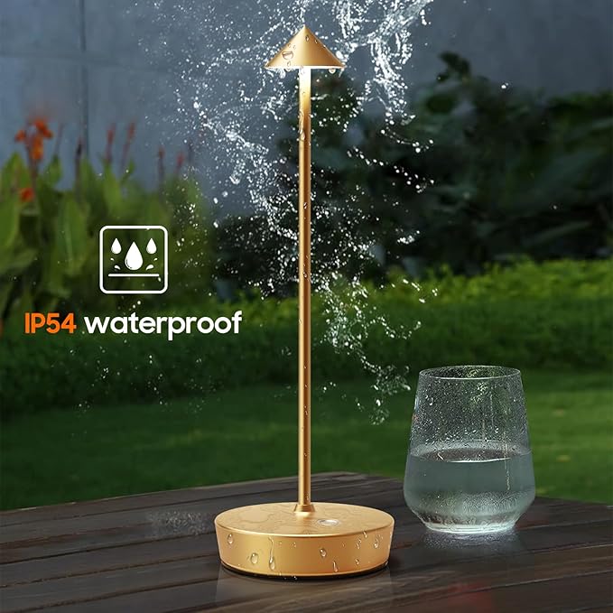 Rechargeable Cordless Table Lamp, 6000mAh LED Battery Operated Desk Lamp Touch 3 Color Stepless Dimming Portable Outdoor Waterproof Table Light for Patio/Restaurant/Dining/Home (Gold)
