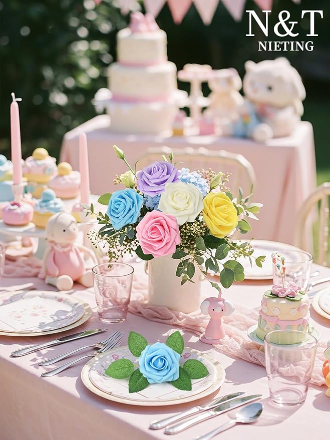 N&T NIETING Artificial Flowers Easter, Fake Flowers Roses Perfect for DIY Wedding Bridal Bouquets Centerpieces Bridal Shower Party Home Flower Arrangement Decorations, 50Pcs, Series Color B