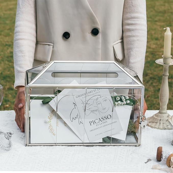 NCYP Glass Cards Box with Slot & Lock for Wedding - 12.6" x 5.9" x 9" Vintage Geometric Terrarium, Wishwell, Party, Home Reception, Tabletop Decor, Silver (Glass Box Only)