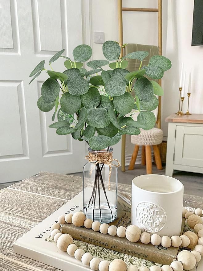 Artificial Eucalyptus Stems in Glass Vase 14" 6Pcs Faux Eucalyptus Branches Home Table Decor Fake Greenery Plants Stems for Farmhouse Wedding Centerpiece Bathroom Decorations