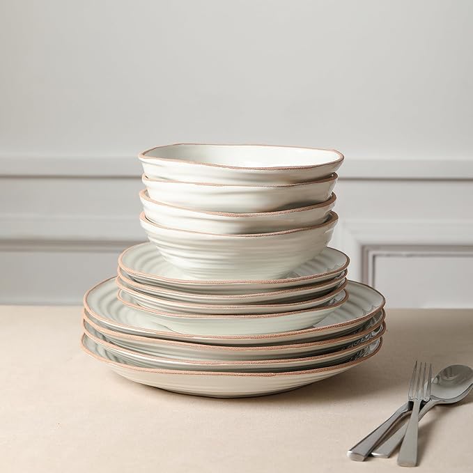Stone Lain Nami 24-Piece Dinnerware - Stoneware, Plates and Bowls Set, Microwave and Dishwasher Safe, Dish for 8, White