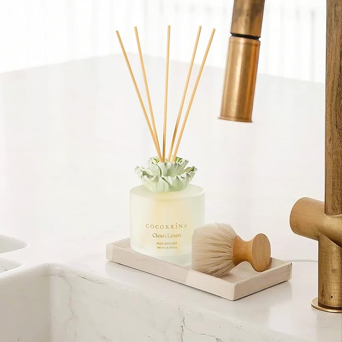 Cocorrina Gypsum Flower Reed Diffuser Set for Bathroom Décor – Clean Linen Scent, 6.76 oz with Sticks & Oil – Home Fragrance for Bathroom & Living Space