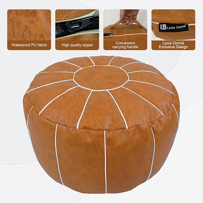 Louis Donné Pouf Ottoman Cover, Handmade Faux PU Leather Moroccan Style, Unstuffed Pouffe Ottomans, 20.8" Round, Foot Rest for Living Room, Floor Small Bean Bag Chair Gifts for Kids (Orange)