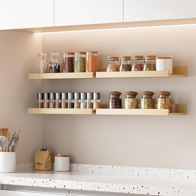 upsimples Floating Shelves for Wall, Wall Shelves for Decor Storage Set of 6, Wall Mounted Wood Shelves for Bedroom, Living Room, Bathroom, Kitchen, Picture Ledge Shelves, Natural