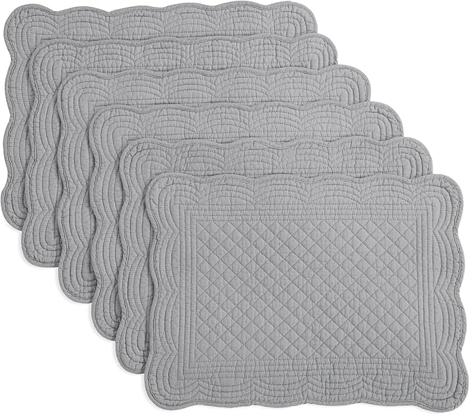 HOMBYS Quilted Placemats Set of 6 Washable-13x18 inches Rectangular Placemats for Kitchen Table-100% Cotton Fabric Rectangular Table Mats, (Dark Grey)