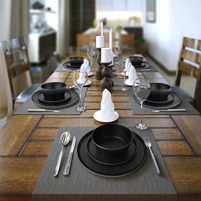 Dinnerware Sets 12 pcs, Melamine Plates and Bowls Sets, Matte Black, Plate Set for 4, Indoor and Outdoor use, Dishwasher Safe