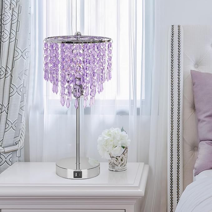 USB Bedside Crystal Lamp, 3 Way Dimmable Touch Nightstand Lamp with Dual USB Charging Ports, Lavender Table Lamp Decorative Accent Lamp Silver for Bedroom, Living Room, Office, B11 LED Bulb Included