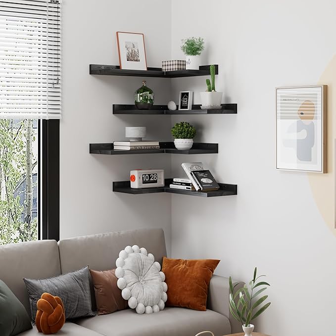4-Tier Corner Floating Shelves, Rustic Pine Corner Shelves Wall Mounted, L-Shaped Floating Corner Shelves for Wall Storage, Creative Corner Wall Shelves for Bedroom,Bathroom&Any Room-Black